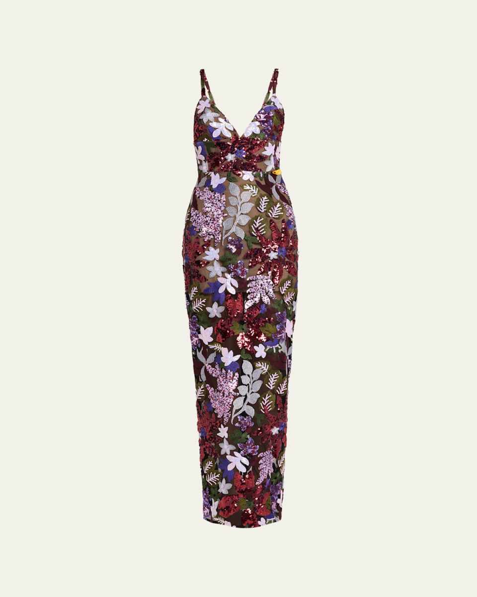 Allegra Sequin Floral-Embroidered Column Gown